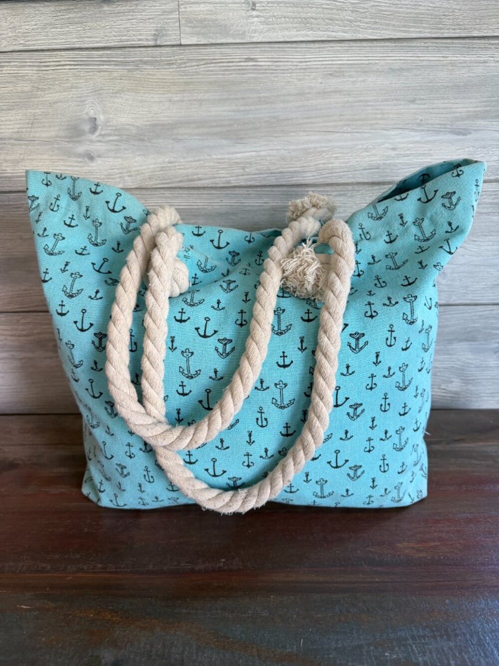 Nautical Beach Tote Blue Anchor Print Rope Handle Large Summer Bag - Picture 3 of 4